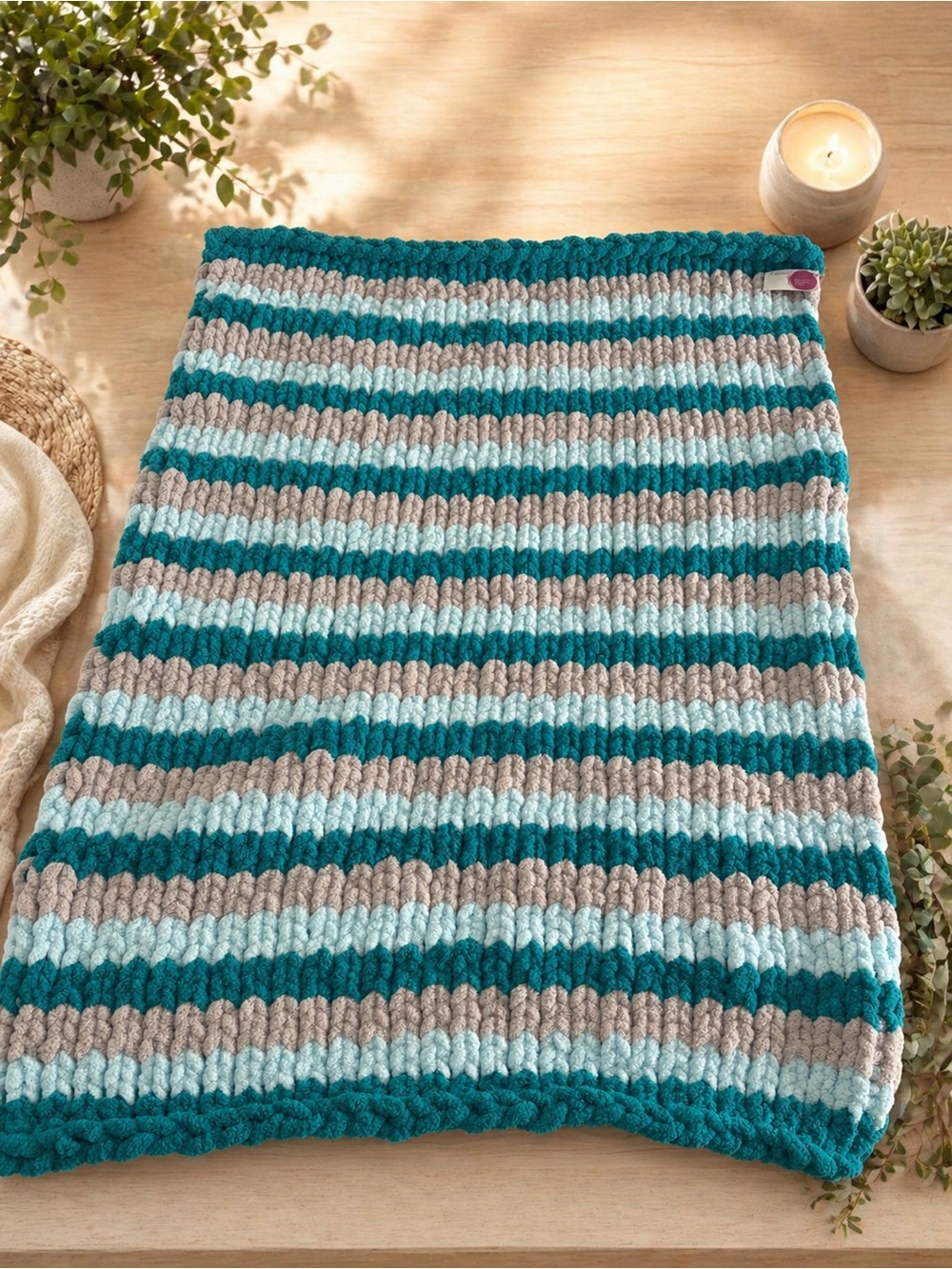 Striped Teal, Light Blue & Tan Chunky Knit Throw Blanket